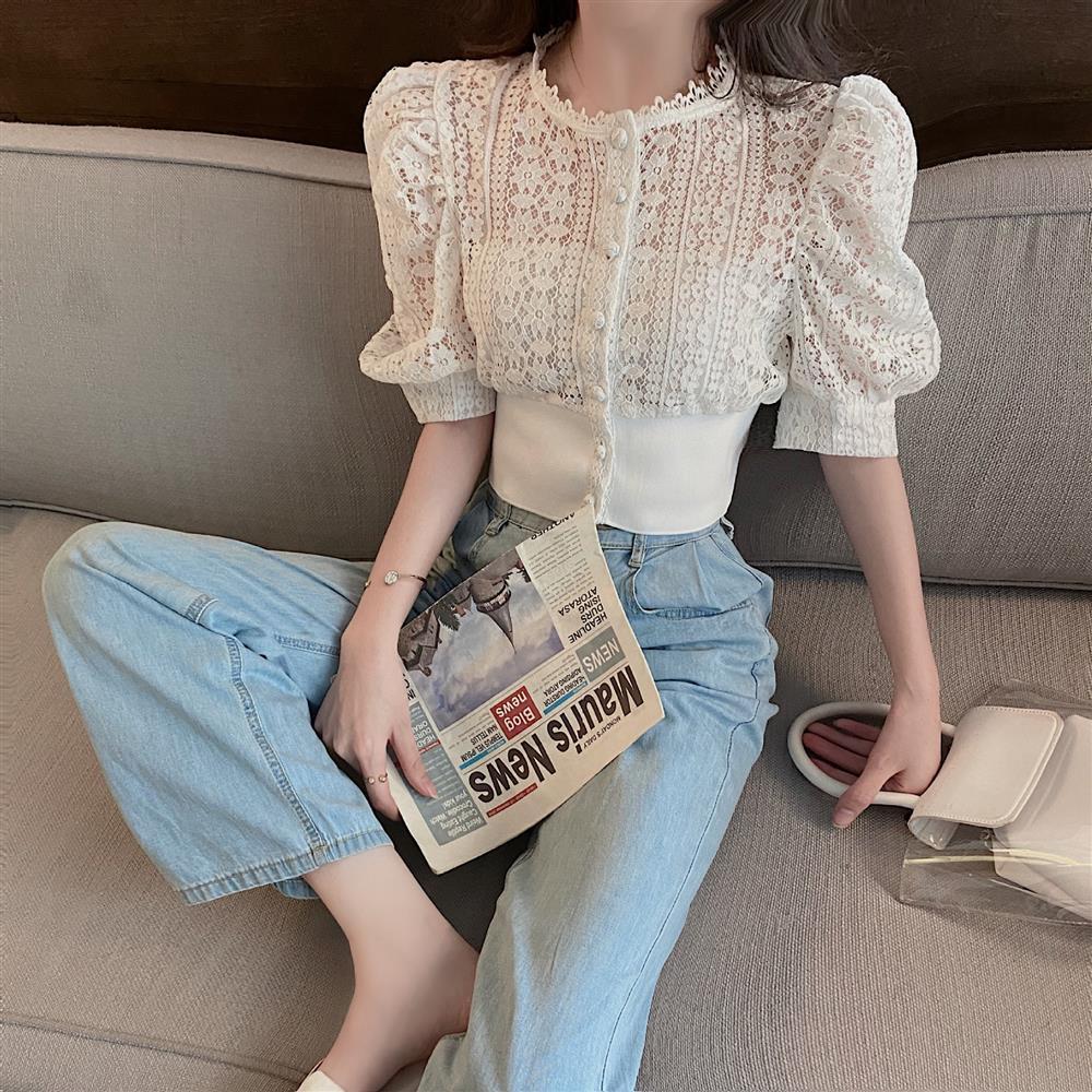 Women Blouse Korean Summer Hollow Out Lace White Women Shirt Short Sleeve Button Loose Shirts Solid Female Tops