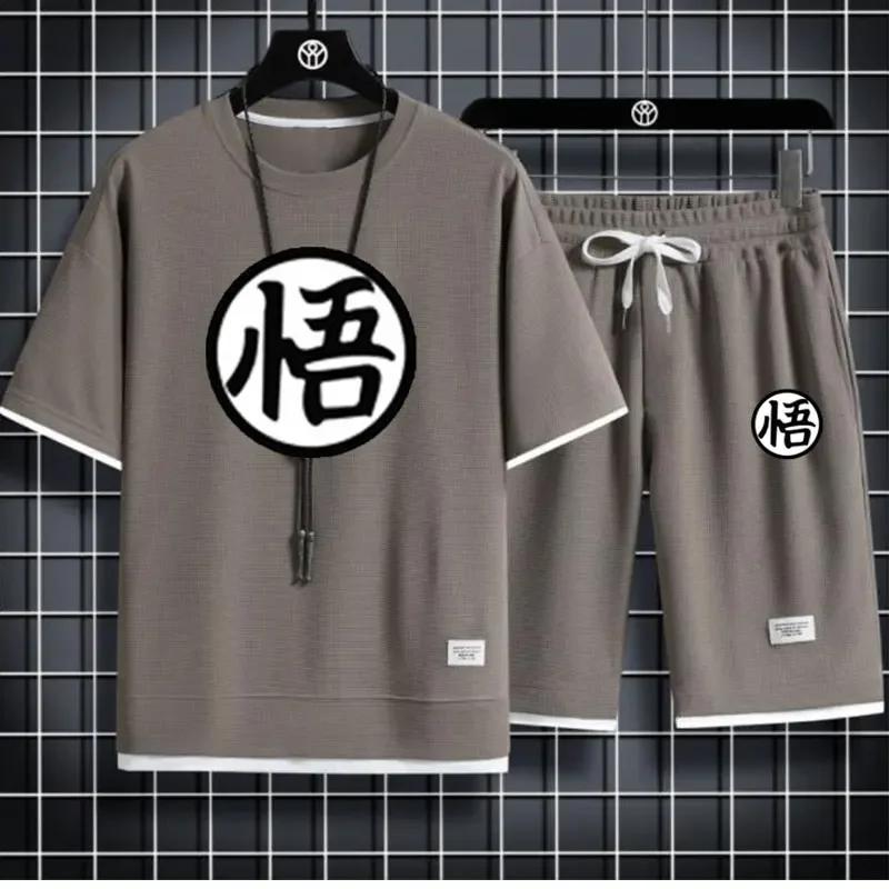 Летняя мода мужская спортивная одежда в стиле аниме Son Goku футболка с круглым вырезом и шорты комплект из двух предметов спортивная одежда повседневный и дышащий комплект