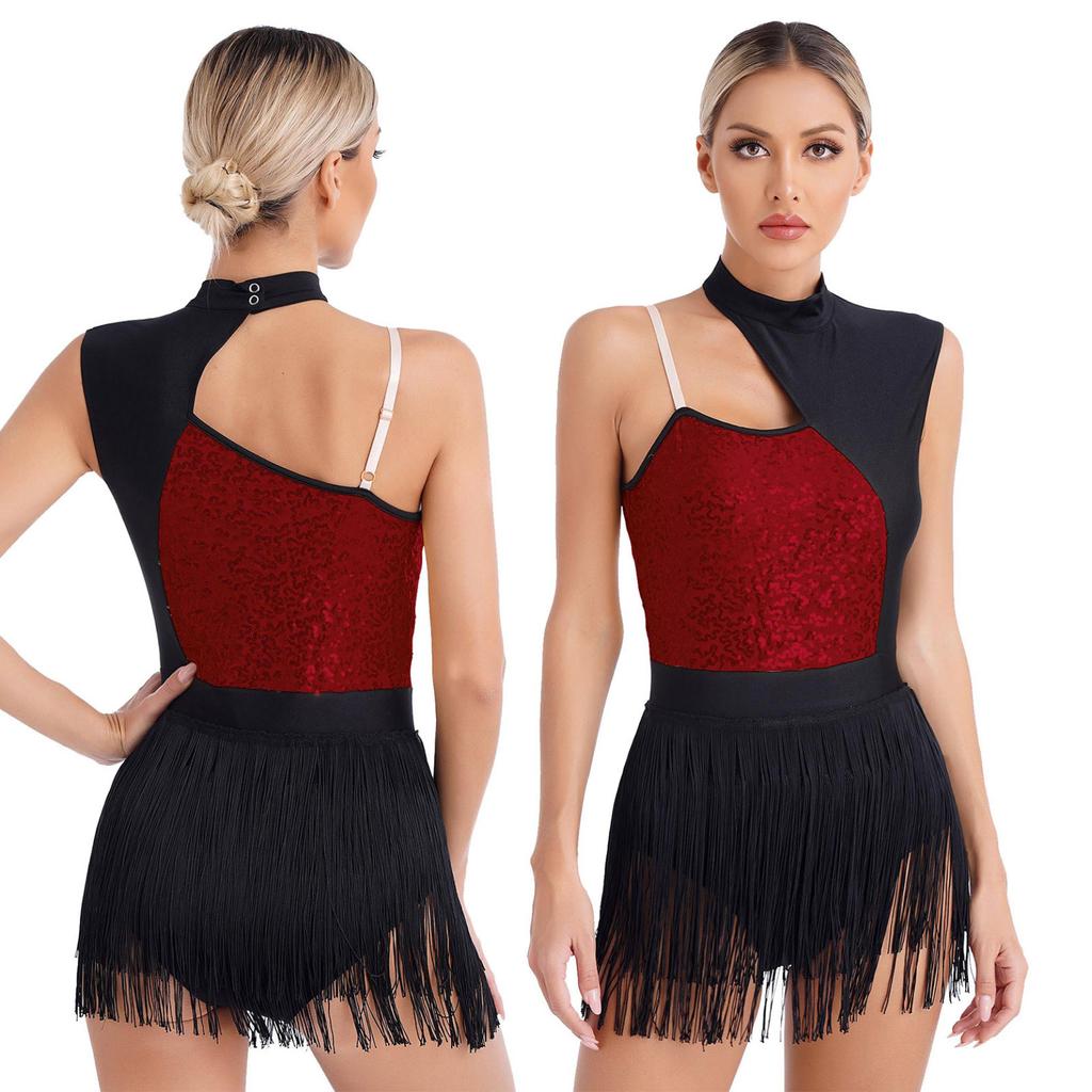 Womens Sleeveless Latin Dance Leotard Shiny Sequins Contrast Color Fringed Bodysuit for Dance Party Stage Performance