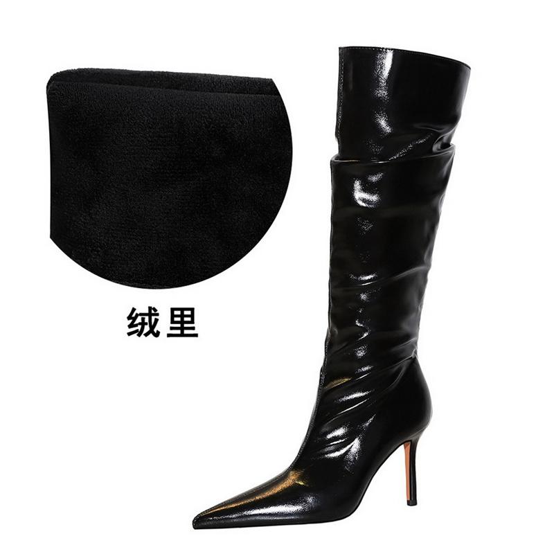 Модные ретро-модные женские черные сапоги до колена с острым носком из лакированной кожи, сморщенные на высоком каблуке, туфли-шпильки с острым носком, зимние сапоги