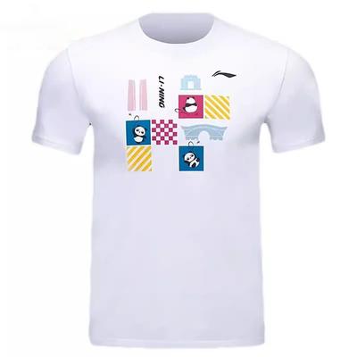 Футболка для бадминтона Li Ning с рисунком аниме и мультяшным принтом, с круглым вырезом, удобная, универсальная, дышащая, с коротким рукавом, унисекс, топы стандартного белого цвета AHSUA47-2