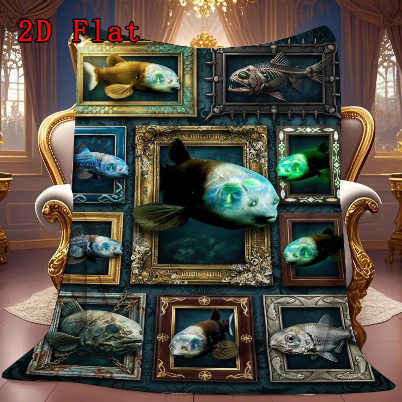 Fish Collection 2D Flat Pattern Flannel Blanket, High quality All Seasons, Home Decor, Warmth and Comfort, Perfect for Christmas Gifts.