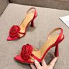 Fashion Liyke Summer Fashion Silk Rose Flowers Pointed Open Toe Back Strap Sandals Women Red High Heels Wedding Prom Shoes Zapatos Mujer