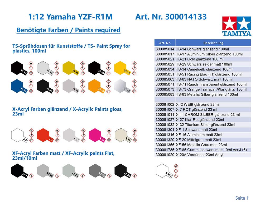 Tamiya Motorcycle Series 133 Yamaha Plastic Model 14133 1/12 No. YZF-R1M