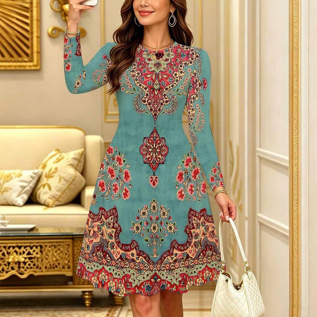 Women Long Sleeve Round Neck Midi Dress Boho Tie Dye Star Floral Dot Print Flared Casual Dress