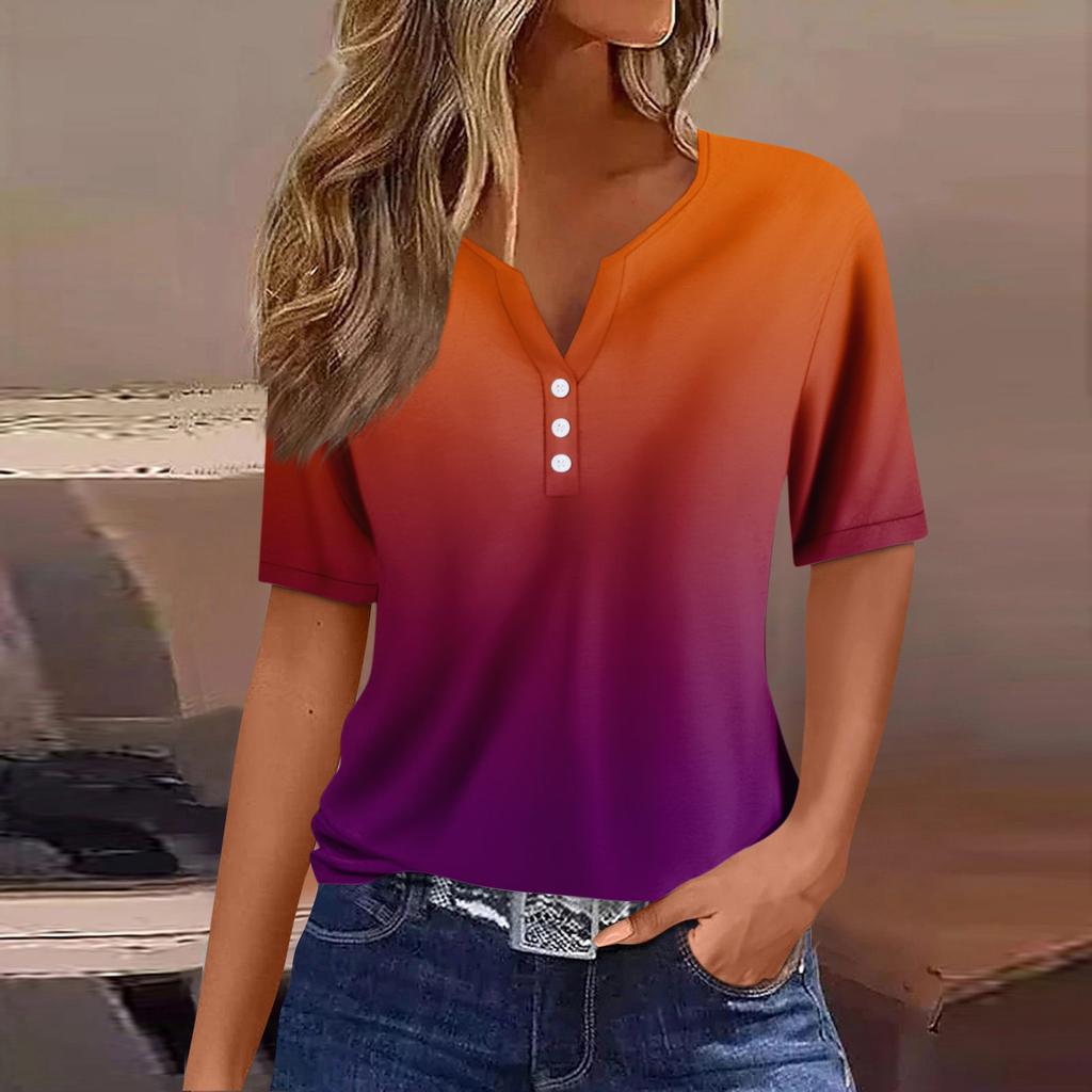 Women's Fashion Casual Vintage Gradient V-Neck Short Sleeve Decorative Button T-Shirt Top