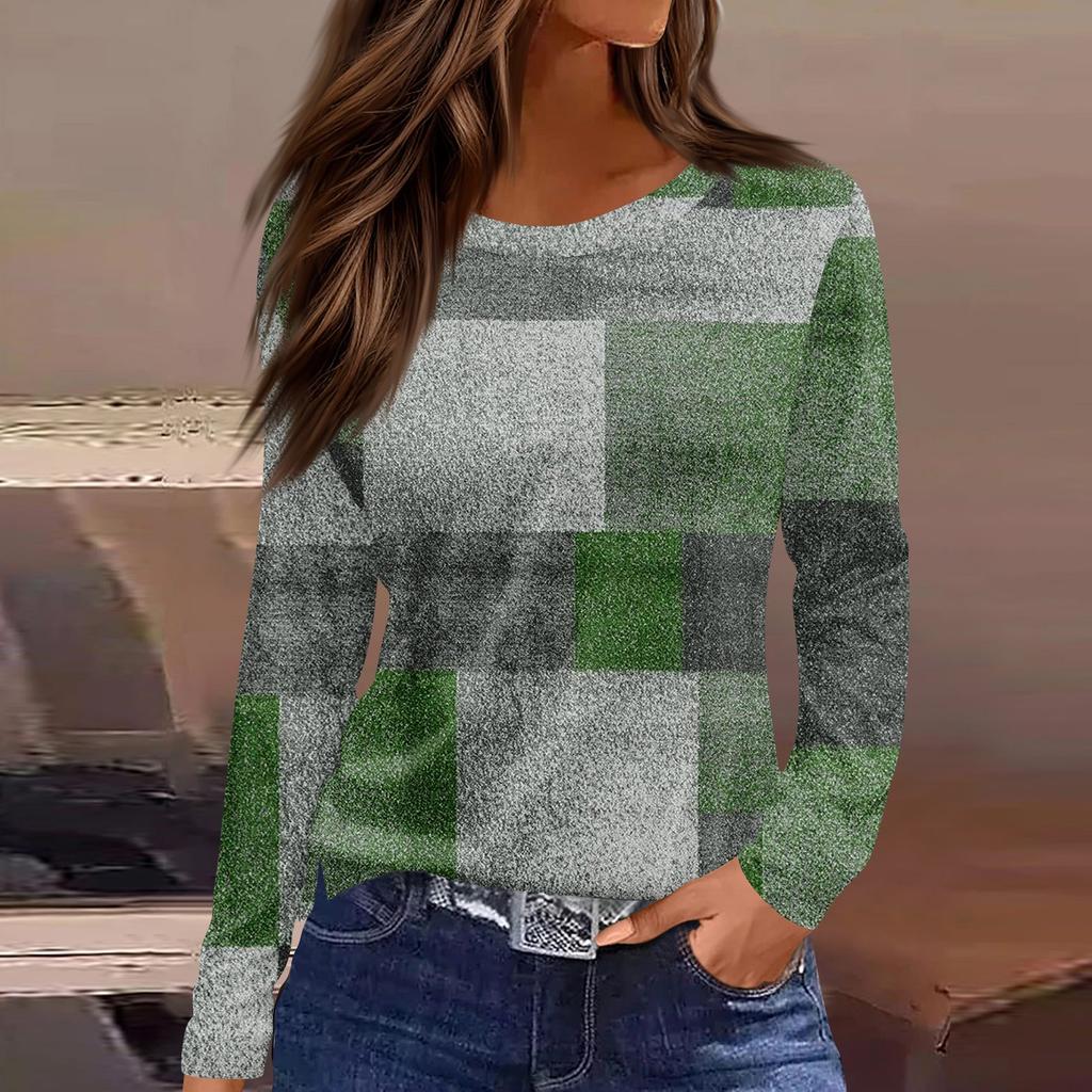 Женская мода повседневный топ с круглым вырезом и длинными рукавами и цветочным принтом