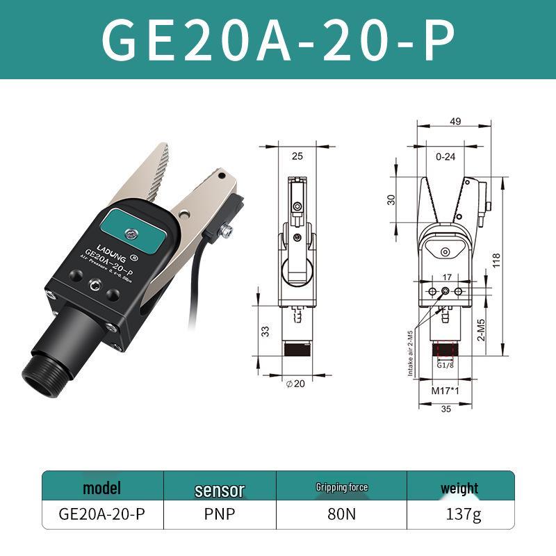 Double-Acting Pneumatic Needle-Nose Gripper GE20B-20 for Robotic Arm and Water Jet Applications