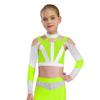 Girls Long Sleeve Rhinestone Color Block Crop Top Cross Back Cutout Gymnastics Top