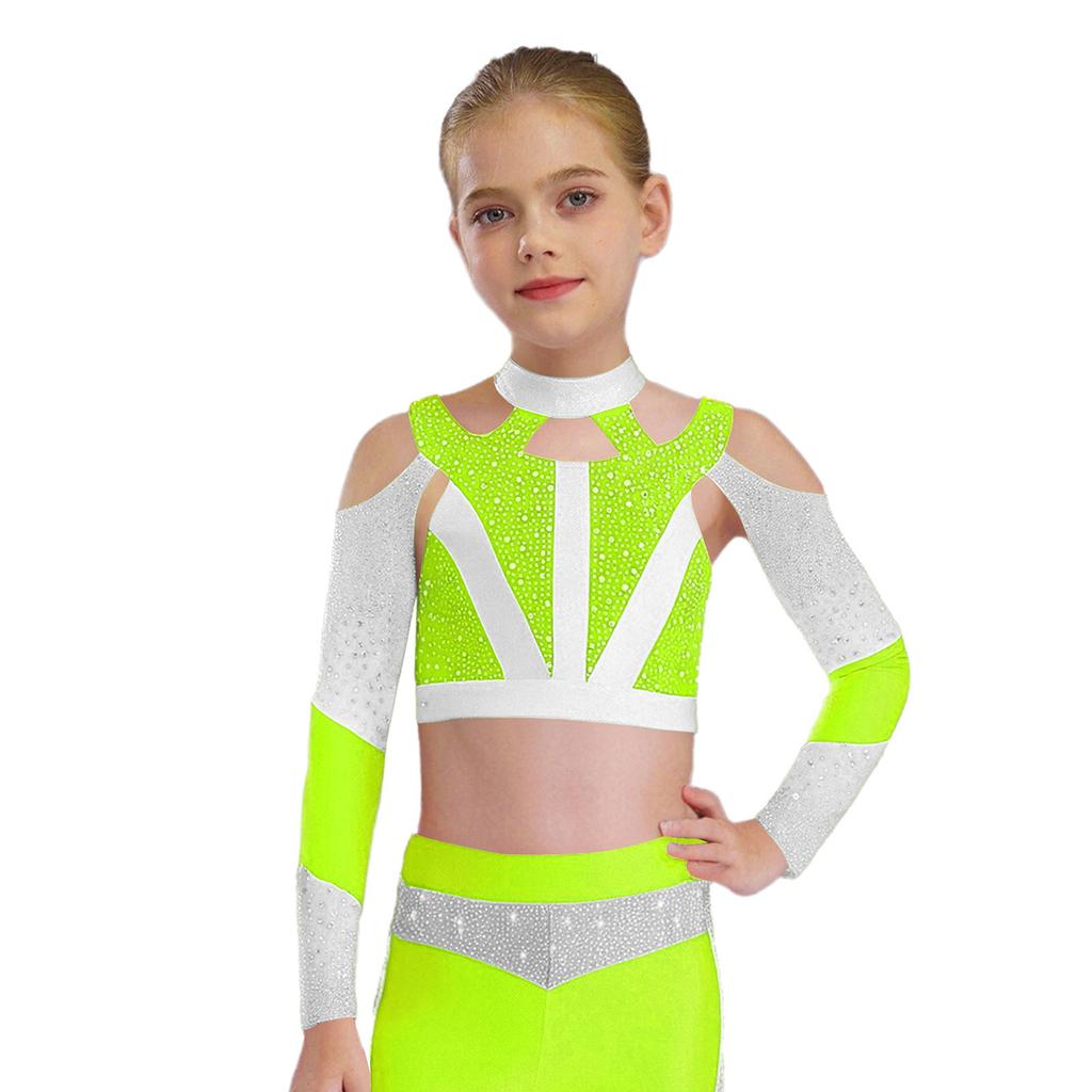 Girls Long Sleeve Rhinestone Color Block Crop Top Cross Back Cutout Gymnastics Top