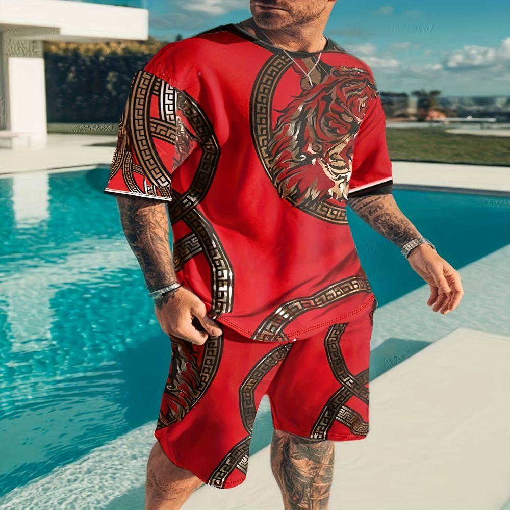 Trendy Men's Summer Suit Casual Ethnic Style 3D Printed Sportswear Short-sleeved Suit Oversized Round Neck T-shirt 2-piece
