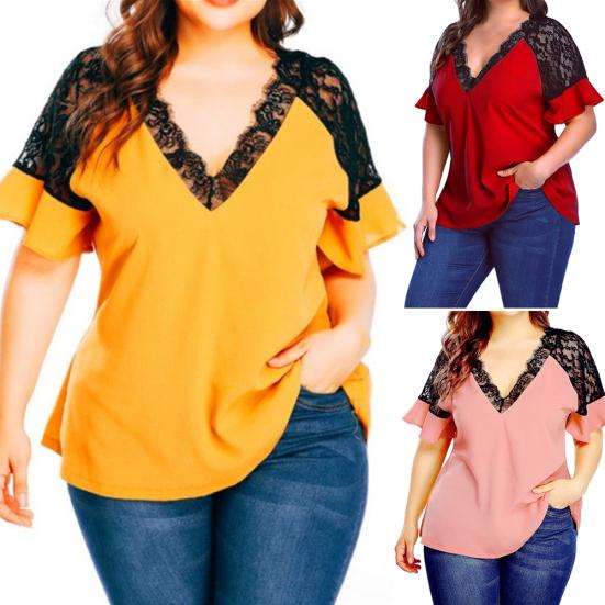 Sexy Women Short Ruffled Sleeve Deep V Neck Lace Patchwork Loose Blouse T-shirt