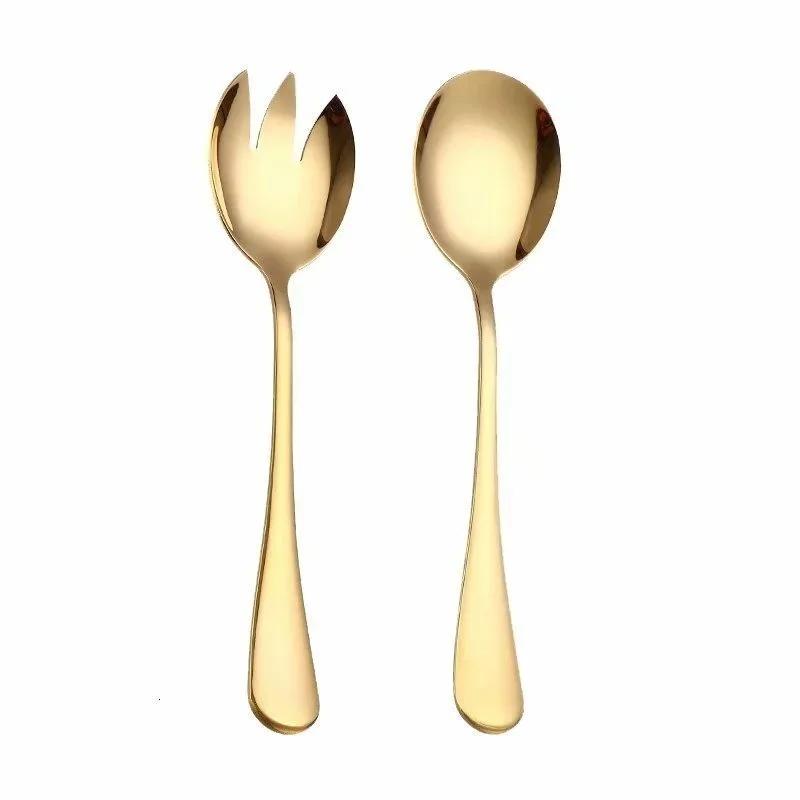 2Pcs/ Set High-quality Stainless Steel Fruit Salad Spoon and Fork  Thick Golden Western-style Tableware