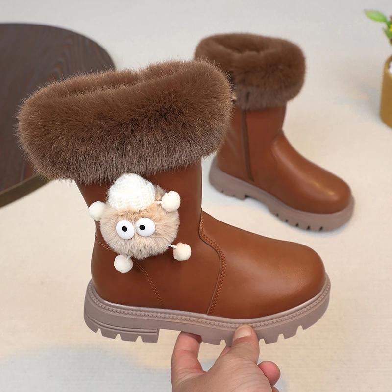 Модные ботинки для девочек 2024 Осень Зима Теплый Мех Толстый Плюшевый Пушистый Волосатый Шарик Милый Мультяшный Детские Термоботинки До середины икры Молния