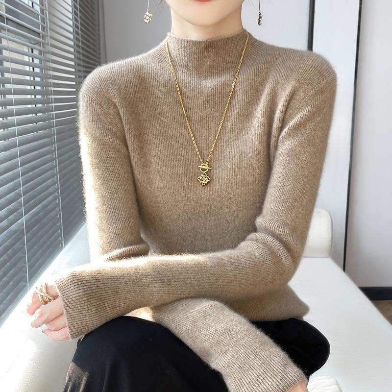 Autumn and Winter Half Turtleneck Bottoming Shirt Women's Sweater with Long Sleeves Andy Velvet Slim Knitted New Tight Top Middle Collar