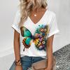 Summer Women T-shirt Butterfly Pattern V-Neck Tops Tees Female Fashion Trend Short Sleeve Clothing Ladies Daily Casual Outfit