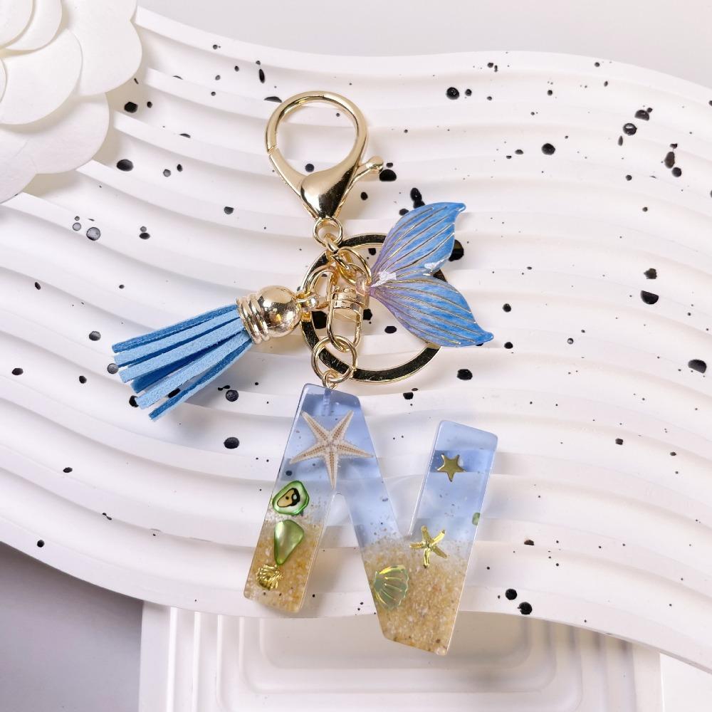 Blue Tassel Initials Fishtail Pendant Letters A To Z 26 Letter Keychain Jewelry Gift