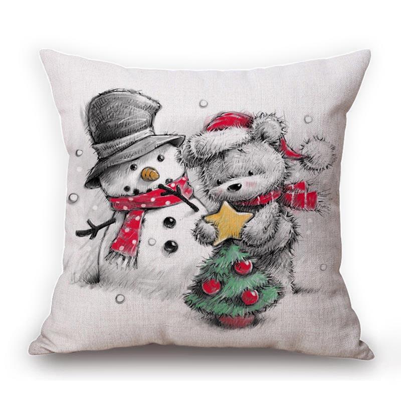 Christmas Decoration Snowman Bear Cute Xmas Art Cozy Sofa Throw Pillow Case Square Cotton Linen Car Chair Cushion Cover