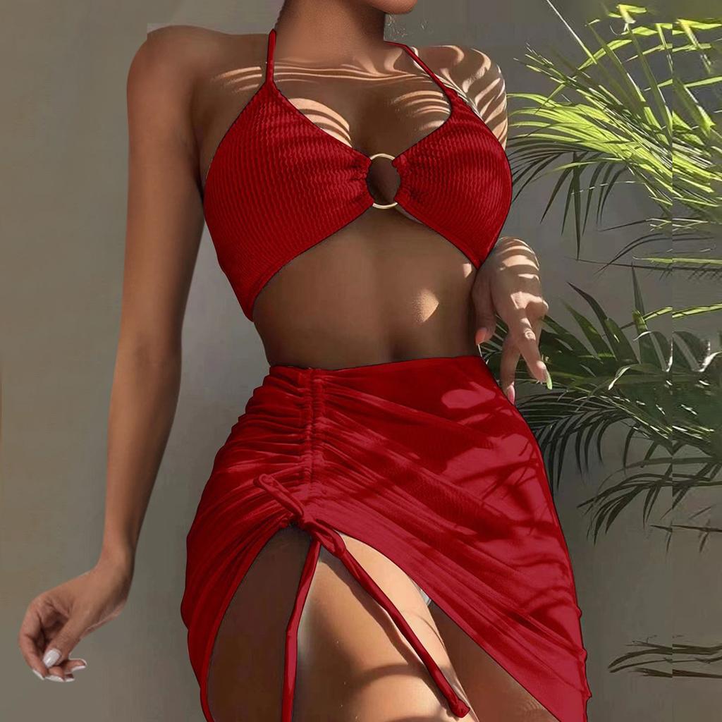 Женский однотонный купальник, женский купальник с разрезом на тонких бретельках и высокой талией, комплект из четырех предметов