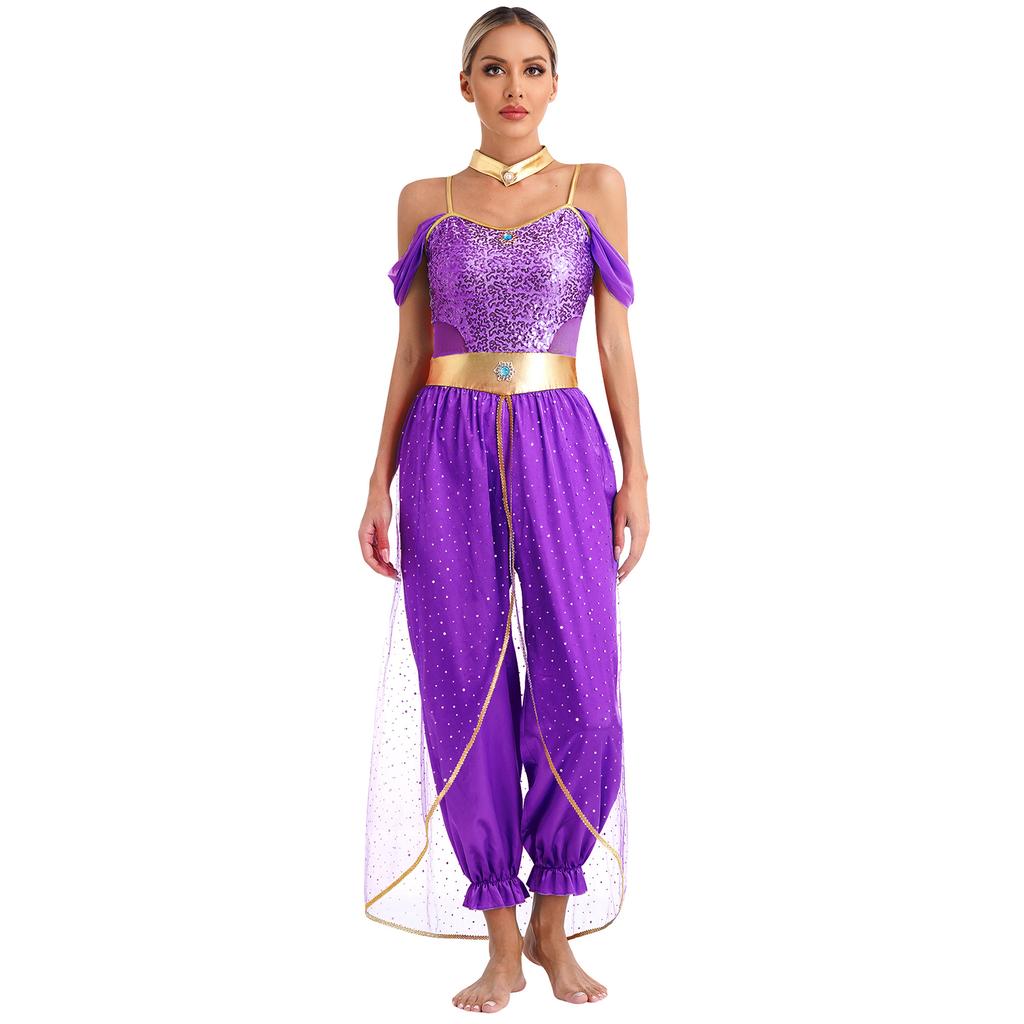 Womens Arabian Princess Belly Dance Costume Sequin Romper with Shiny Choker Collar for Halloween Role Play Parties