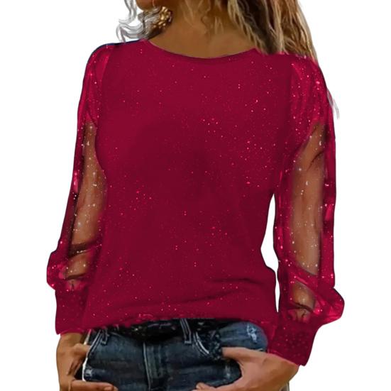 Женская футболка с круглым вырезом, прозрачные блестящие топы с длинным рукавом, однотонные, свободного кроя, повседневные топы для повседневной носки