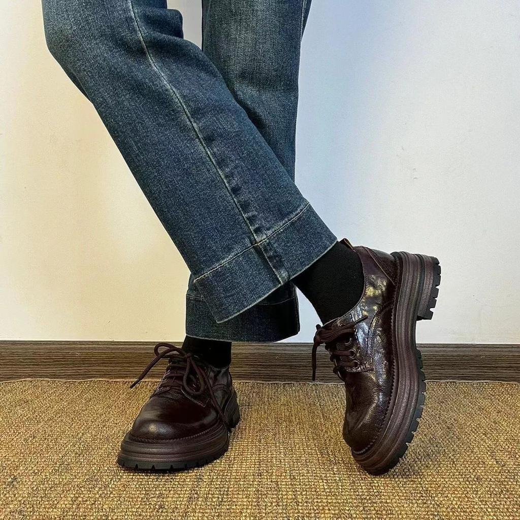 Sheepskin Version~ Thick-soled British Leather Lace-up Small Leather Shoes Women's Versatile Retro College Style Thick Heel Round Head Loafers