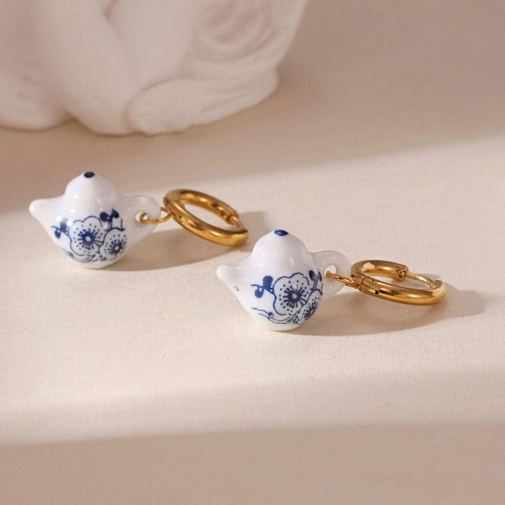 Stainless Steel Blue and White Porcelain Earrings Chinese Style Gold Enamel Hoop Earrings  Girls