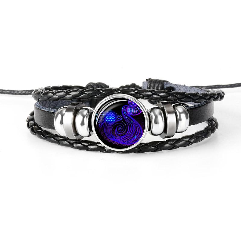 Night Light Up Zodiac Sign Braided Leather Bracelet for Men Women - 12 Constellation Horoscope Adjustable Wristband