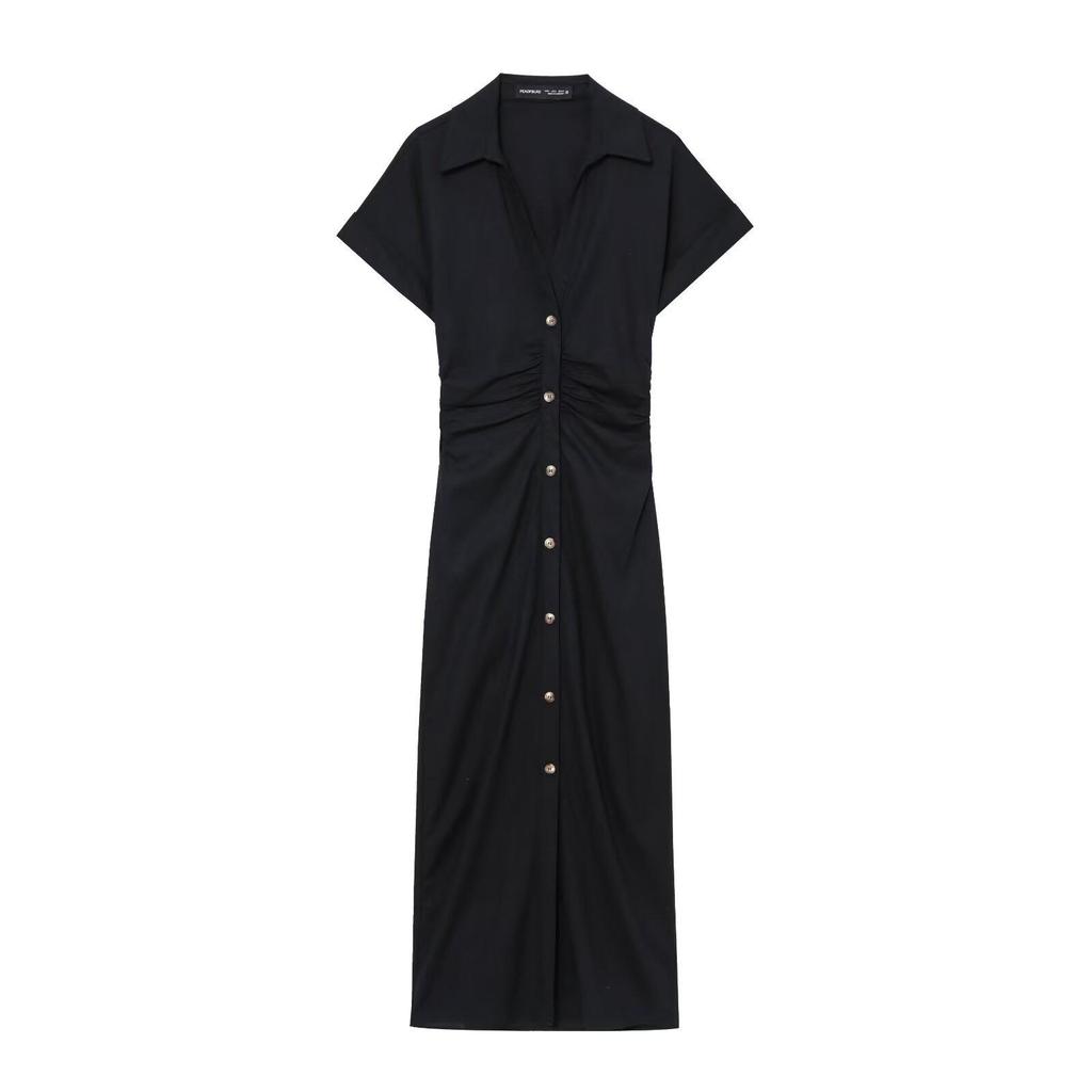 Женское летнее платье миди приталенного силуэта с V-образным вырезом из смеси льна 2025