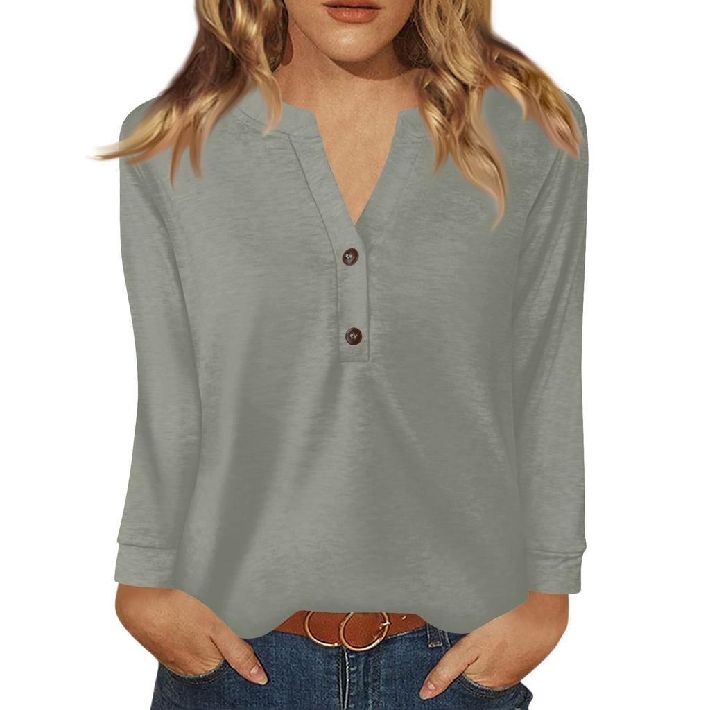 Women's T Shirt Solid Color Button Long Sleeve Daily Weekend Fashion Basic V- Neck Regular Top