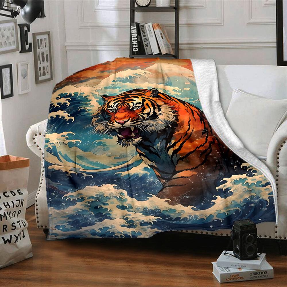 1pc Oceanic Tiger Art Soft & Warm Polyester Knit Blanket, Digital Printed, All-Season Throw for Napping, Traveling, Sofa yy250906023