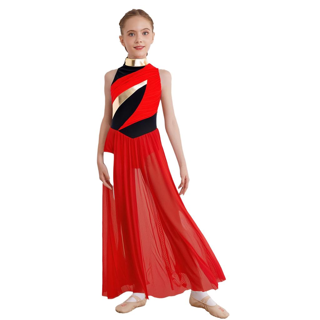 Современное танцевальное платье для девочек: Воротник-стойка с драпированным сетчатым лифом, боковой разрез и дизайн Color Block для сценического выступления