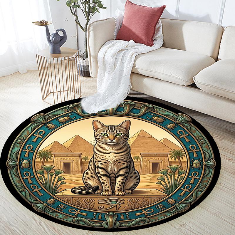 Egyptian Cat Pyramid Scene Round Area Rug Under Office Chairs Bedroom Living Room Home Decor