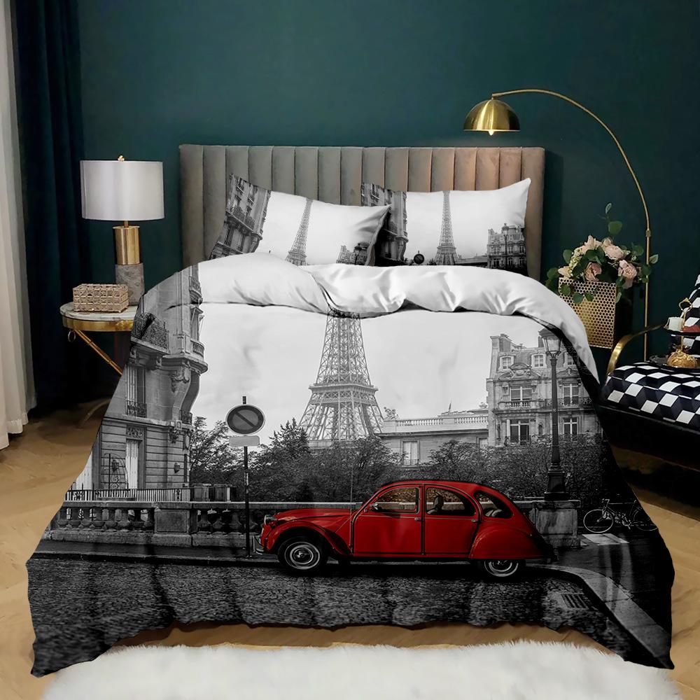 Retro Architectural Duvet Cover Woman In Red Dress Violin Eiffel Tower Double Queen King Polyester