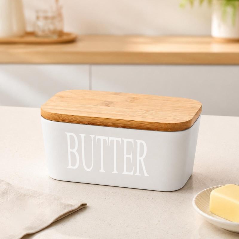 Butter Dish with Natural Wood Lid, Covered Butter Container for Refrigerator Storage and Everyday Table Service