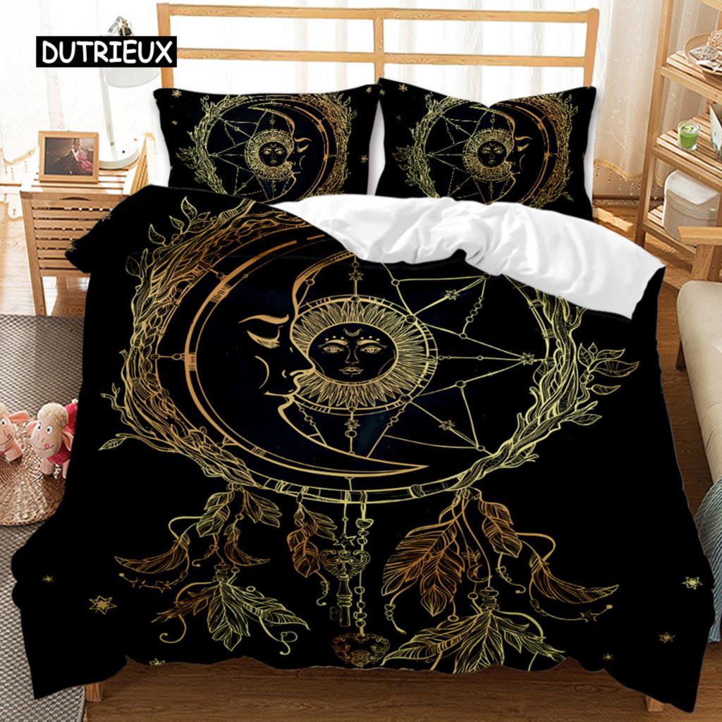 Комплект постельного белья в стиле бохо с 3D-изображением «Золотое солнце и луна» для детей, подростков, взрослых, двуспальный, размера «king-size», полиэстеровый чехол-кровать