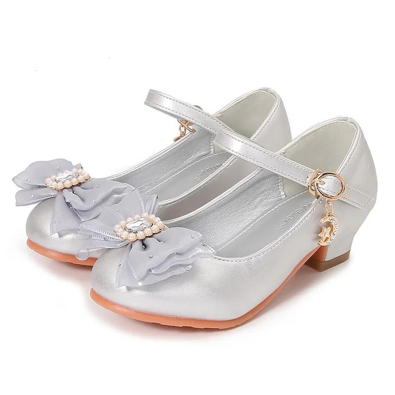 2024 Sweet Girls Party Shoes Elegant Bowknot Kids Princess Glossy PU Leather Shoes for Wedding Party Fashion Children High Heels