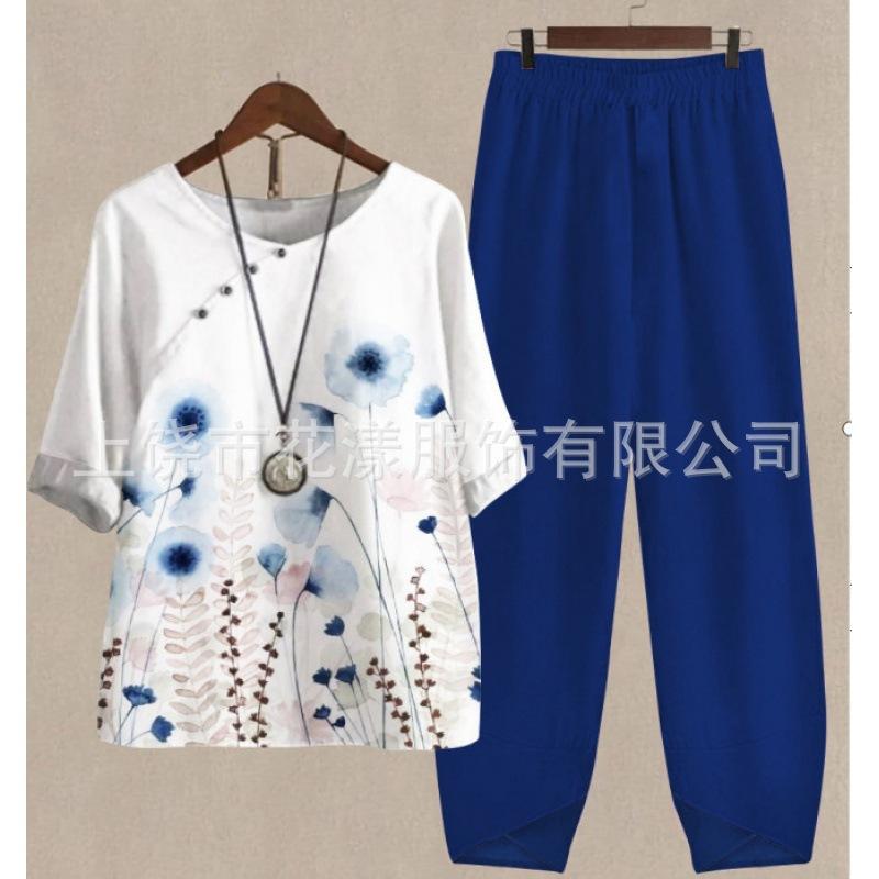 1116 new women's clothing, casual round neck five-quarter sleeve top, digital printing women's two-piece suit