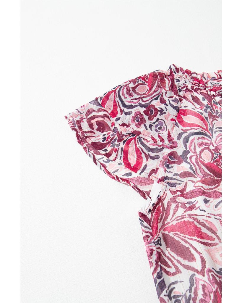 Azura Exchange White Floral Ruffled Short Sleeve V Neck Blouse