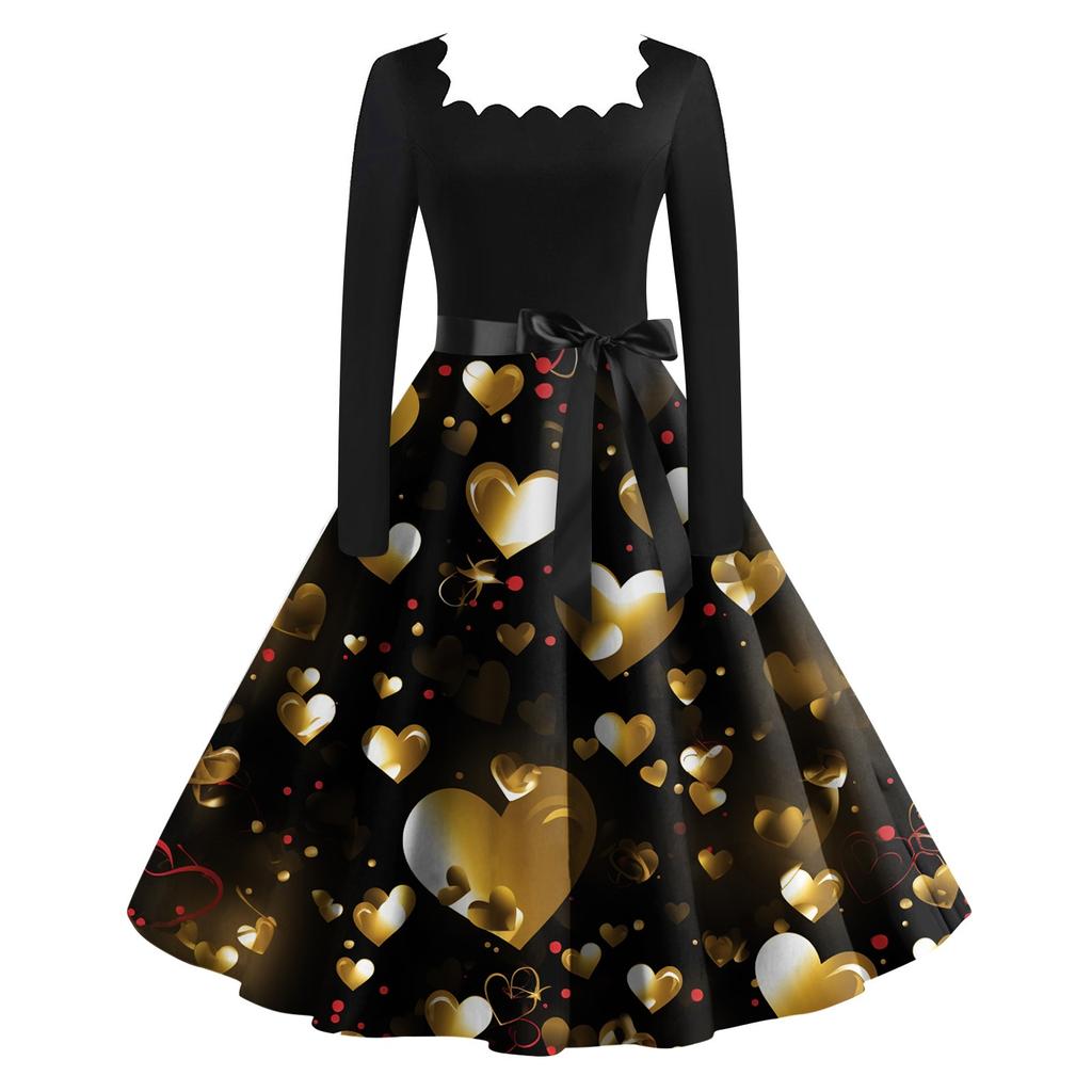 Женское винтажное классическое платье с длинным рукавом и принтом ко Дню святого Валентина, свободное платье с квадратным воротником