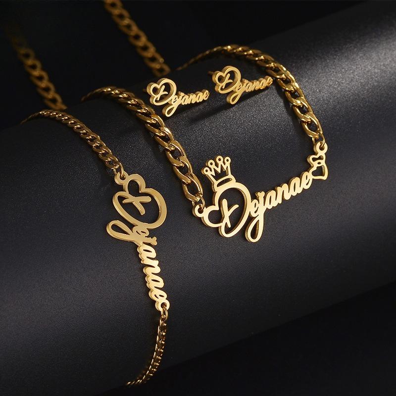 Custom Stainless Steel Letter Necklace Bracelet Stud Earrings Personalized Cutting Simple Style English Name Jewelry Set