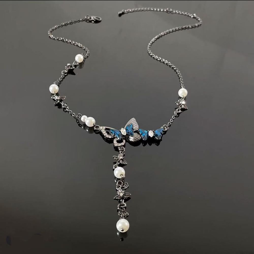 Blue Zircon Butterfly Tassel Necklace New Imitation Pearl Chain Y2K Design Creative Popular Collarbone Chain Women's Jewelry
