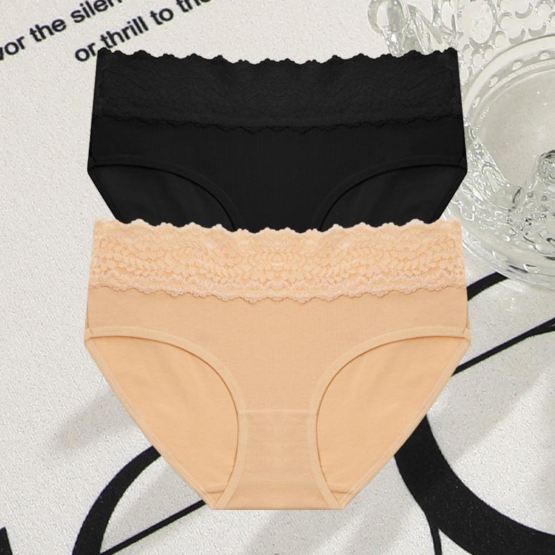 FINETOO 2Pcs Women Cotton Seamless Underwear Sexy Lace Waist Patchwork Panties Female Solid Briefs Plus Size Breathable Lingerie