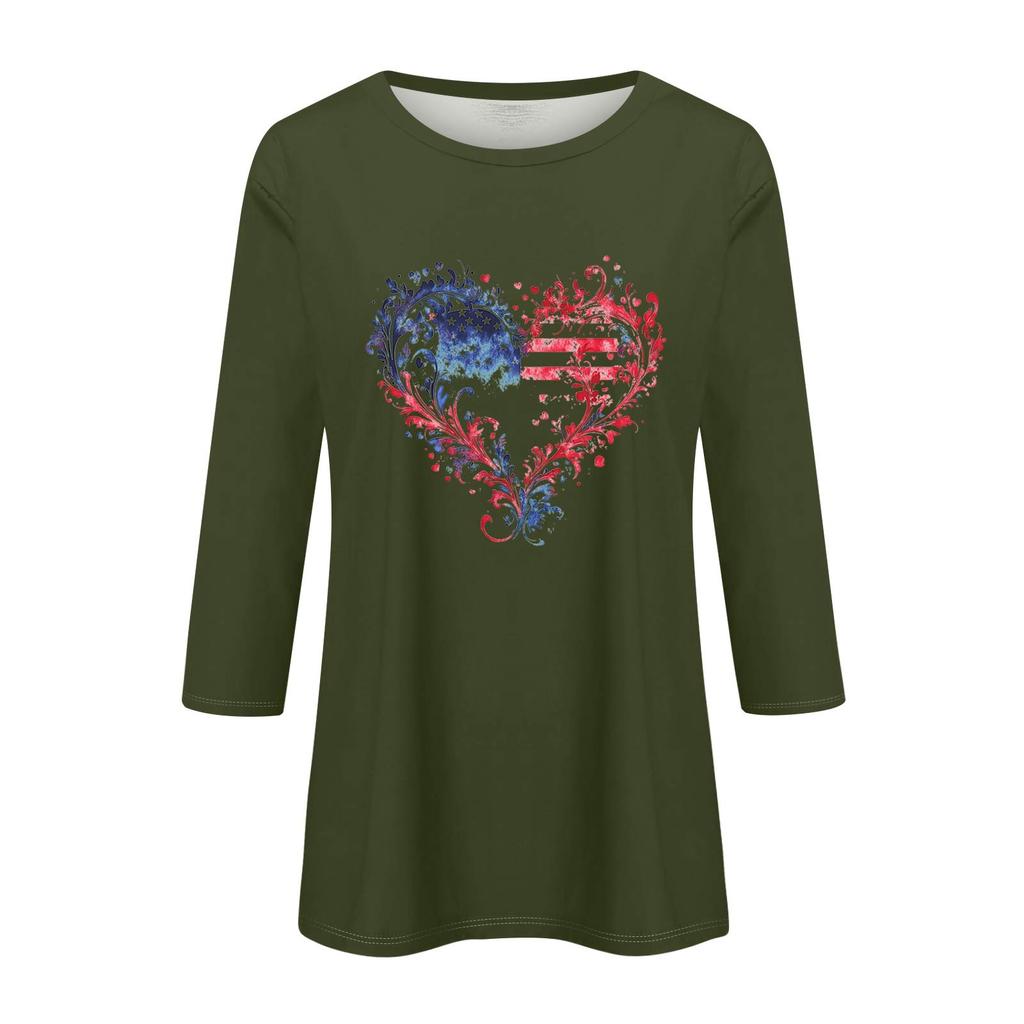 Women's Fashionable Casual Three Quarter Sleeve Printed Collar Pullover Top