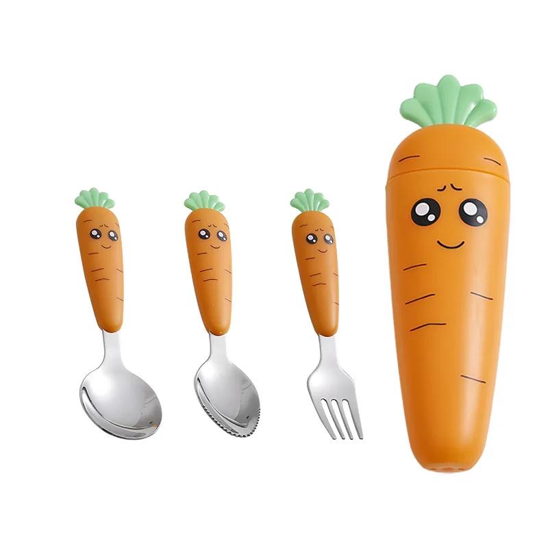 New Carrots Set Children Kids Dinnerware Stainless Steel Spoon Fork Flatware with Box Baby Feeding Kitchen Tableware Supplies