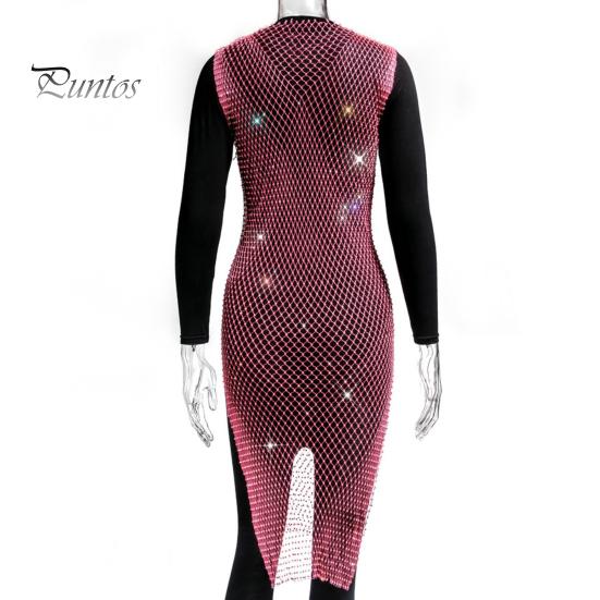 Блестящее ажурное платье со стразами, женское сексуальное пляжное платье с разрезом по бокам, без рукавов, блестки, юбка-бикини для вечеринки