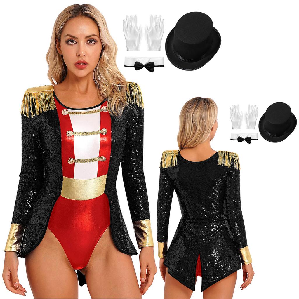 Women's Circus Ringmaster Costume Halloween Cosplay Tassel Leotard Bodysuit with Hat Bow Collar Gloves for Party Stage Shows