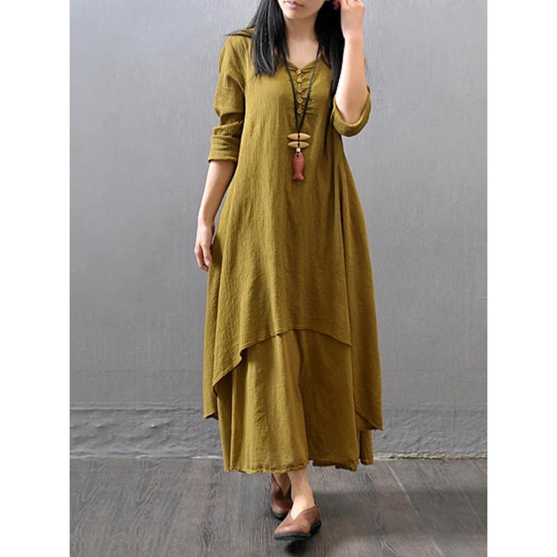 Винтажное летнее бохо миди платье женское элегантное однотонное многослойное платье с длинным рукавом модное свободное повседневное платье с V-образным вырезом Vestidos