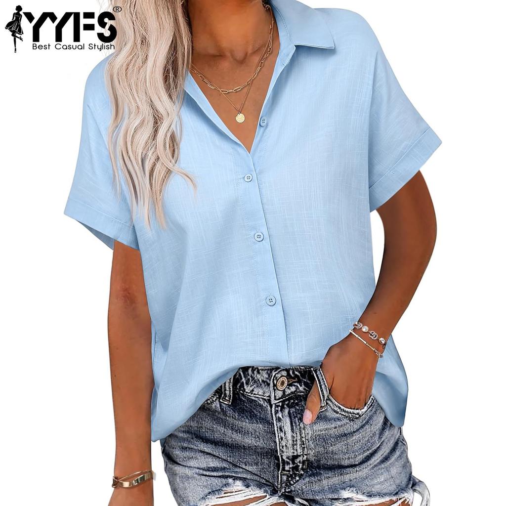 YYFS Women's Fashion Casual Summer Spring Solid Color Print Short Sleeve POLO Neck Blouses & Shirts