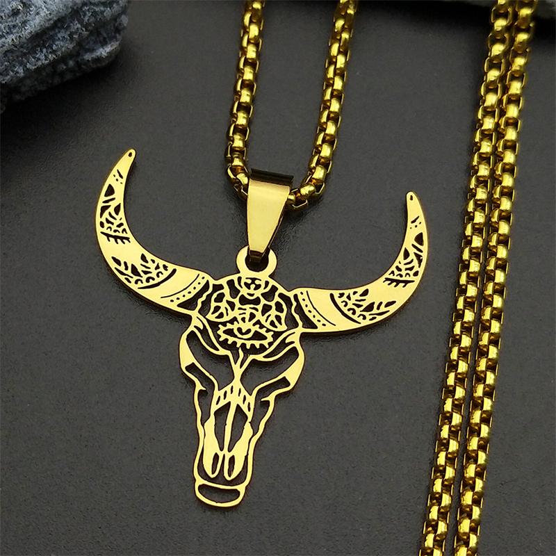 Hollow Cattle Bull Necklaces For Women Men Stainless Steel Gold Silver Color Bohemia Animal Head Male Chain Jewelry Gifts